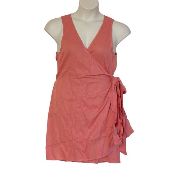Andie Cacela Sunset Pink Linen Rayon Wrap Sleeveless Mini Dress Sz L NWT - Picture 2 of 12